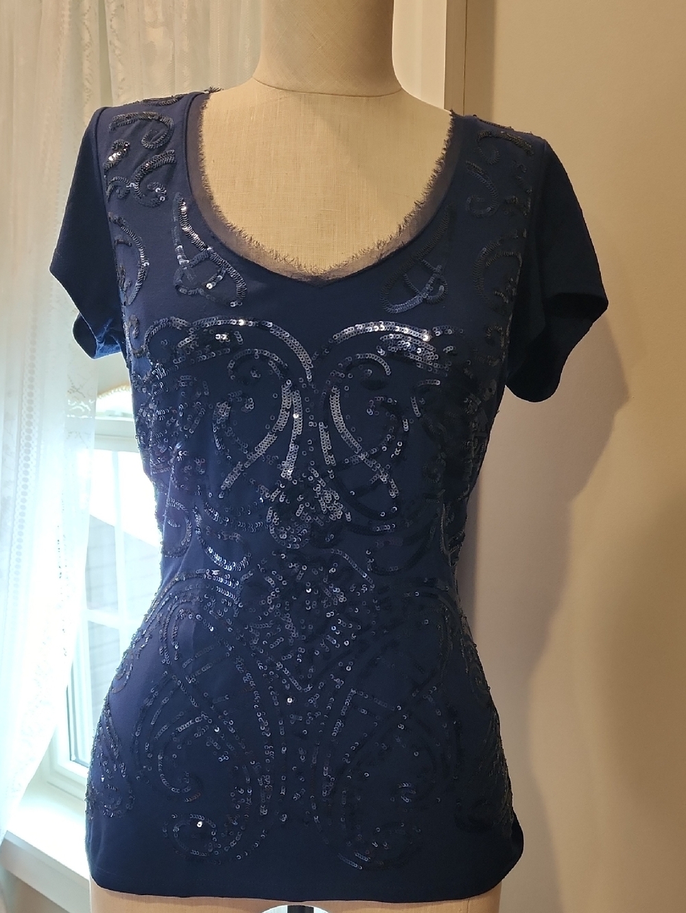 White House Black Market Deep Blue Tee With Sequins